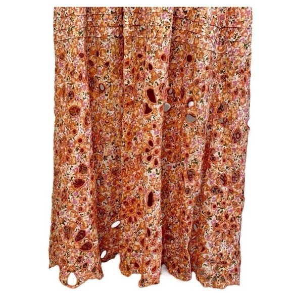 ANTHROPOLOGIE S Babydoll Sweetheart Maxi Dress Floral Eyelet Hem Orange Cream - Picture 4 of 7